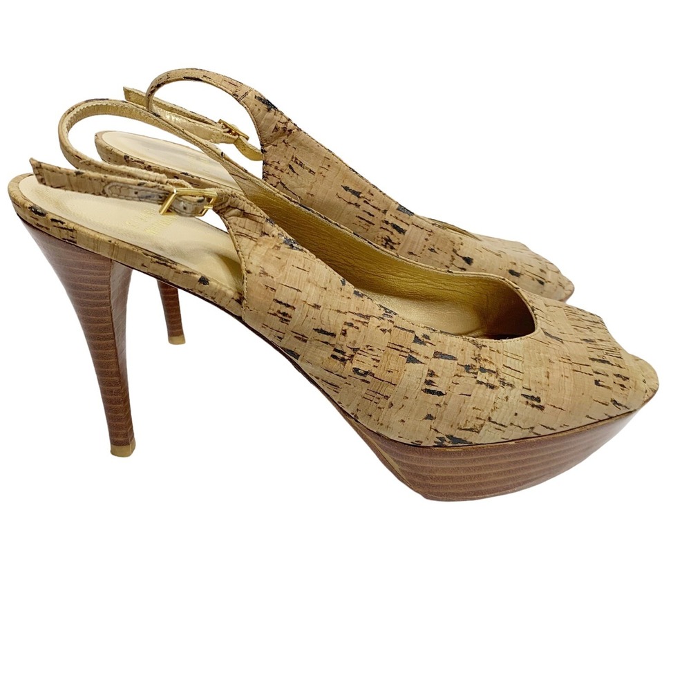 Stuart Weitzman Cork Peep Toe Heels Size 10M Wooden Platform Stiletto Slingbacks